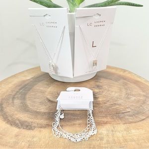 NWT LC Lauren Conrad, silver love heart necklace and L necklace, bracelets